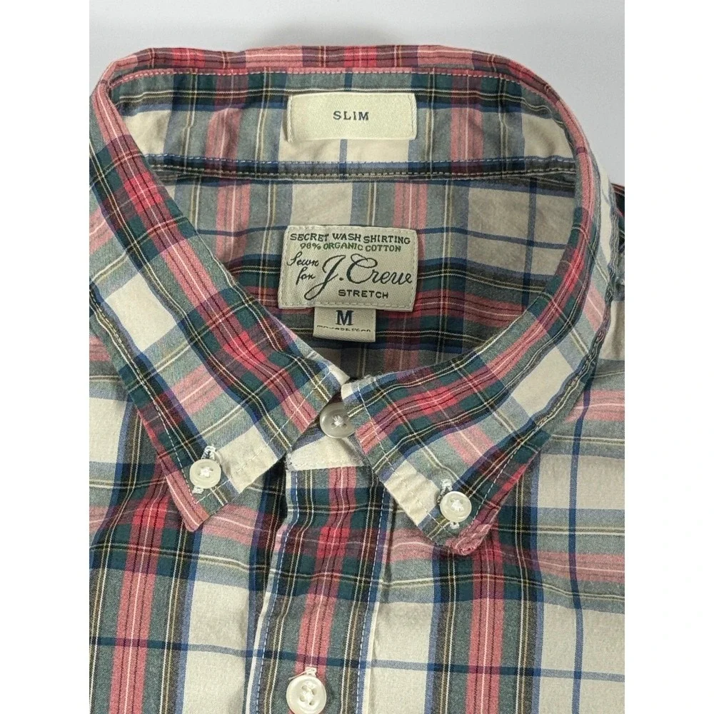 J.Crew Secret Wash Shirt Medium Slim Button up Long Sleeve Plaid‎ Organic Cotton